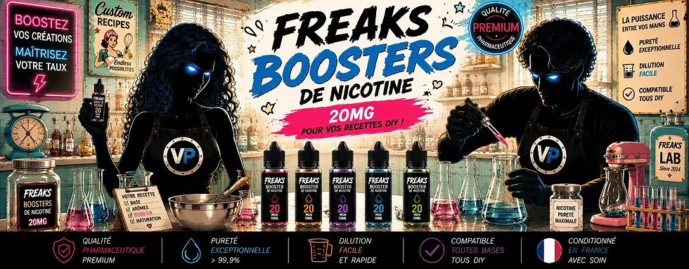 Boosters de nicotine Freaks 20mg pour DIY avec Vapeman et Vapewoman dans un laboratoire rétro spécialisé dans la création d’e-liquides personnalisés