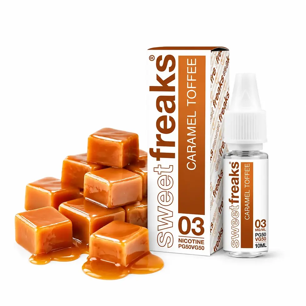 E-liquide Caramel Toffee 10ml sur un plateau de caramel fondant dans une ambiance pâtisserie haut de gamme