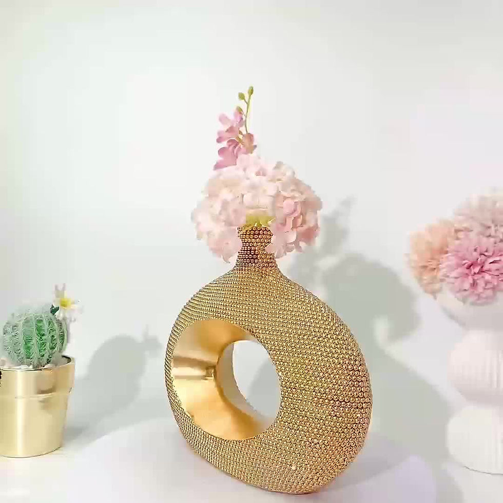 ภาพขนาดย่อ: 1pc Contemporary Golden Beaded Flower Vase Statue - Elegant Resin Tabletop Decor