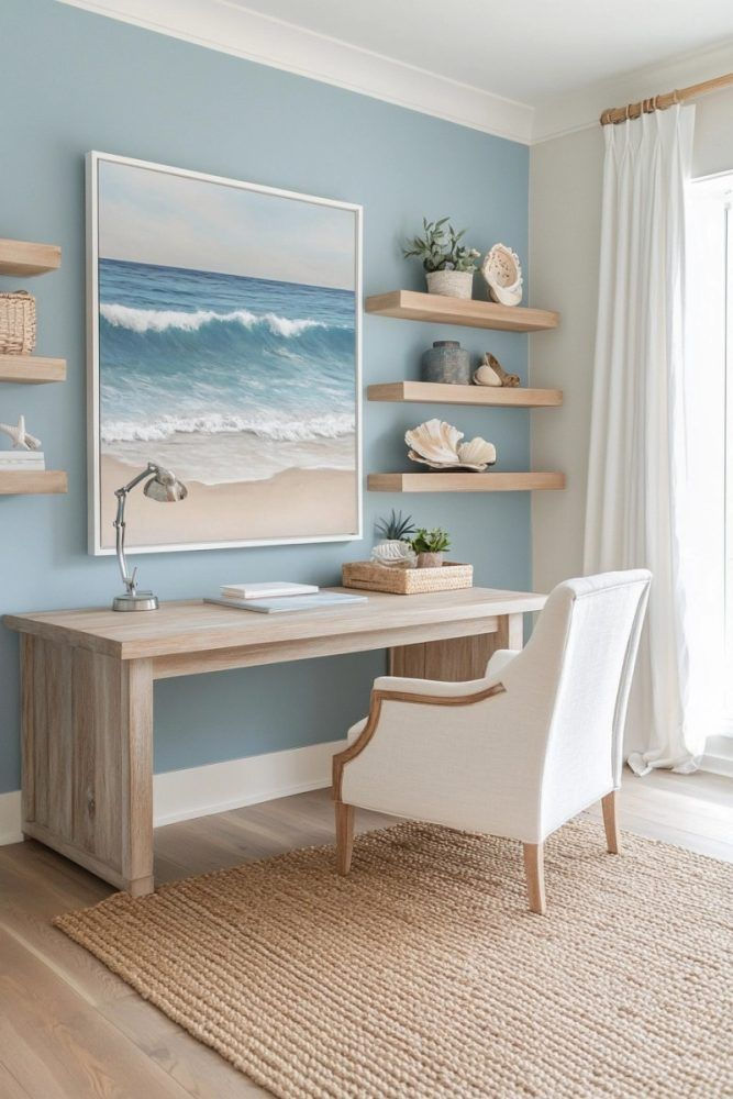 Bright office with a wooden desk, white chair, and ocean painting on a blue wall. Shelves hold decor. Sunlight filters through curtains.