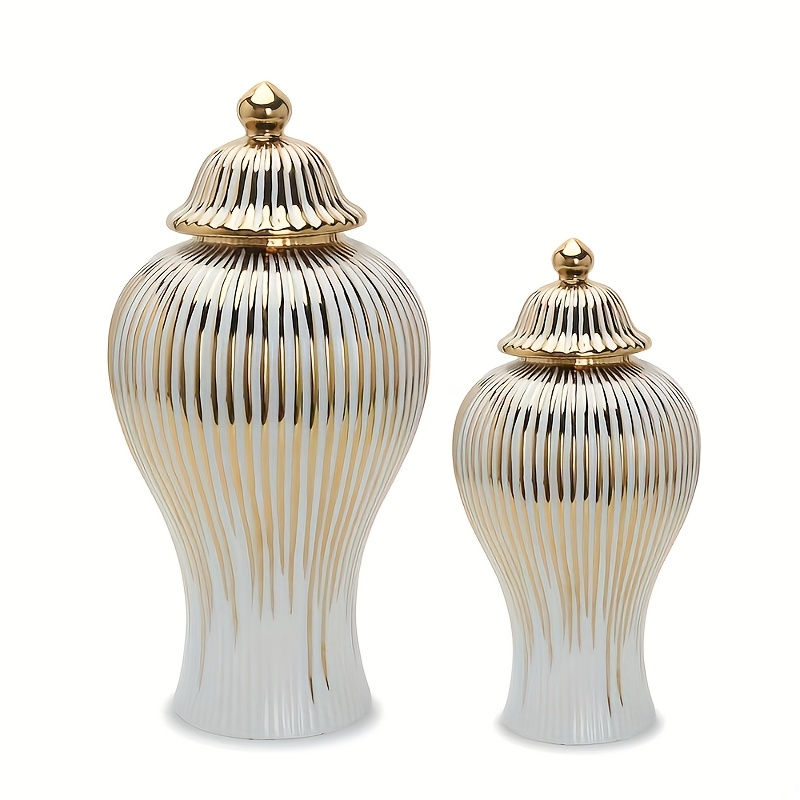 Thumbnail: 1pc Cylinder Shaped Classic Striped Golden Vase, Luxury Ceramic Ginger Jar Vase 
