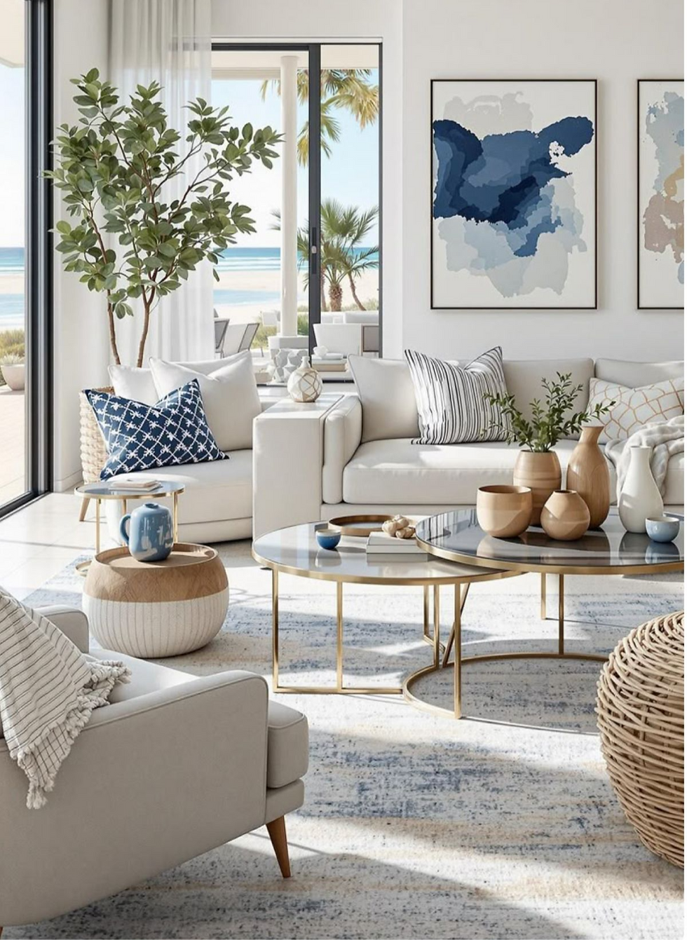 Modern living room with beige sofas, blue and white cushions, abstract art, and a view of palm trees outside; airy, calm atmosphere.
