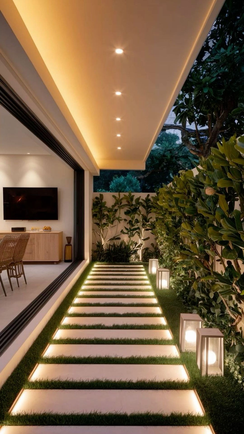 A modern garden pathway beautifully illuminated with soft lighting, leading to a cozy indoor space seamlessly connected through a large open window, creating a perfect blend of outdoor and indoor living.