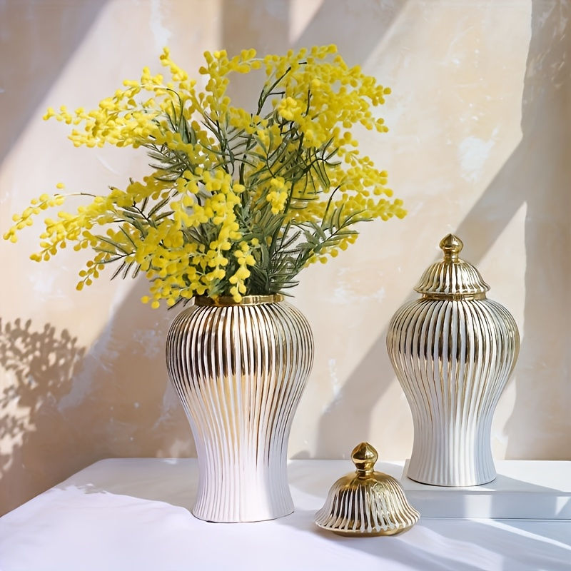Thumbnail: 1pc Cylinder Shaped Classic Striped Golden Vase, Luxury Ceramic Ginger Jar Vase 