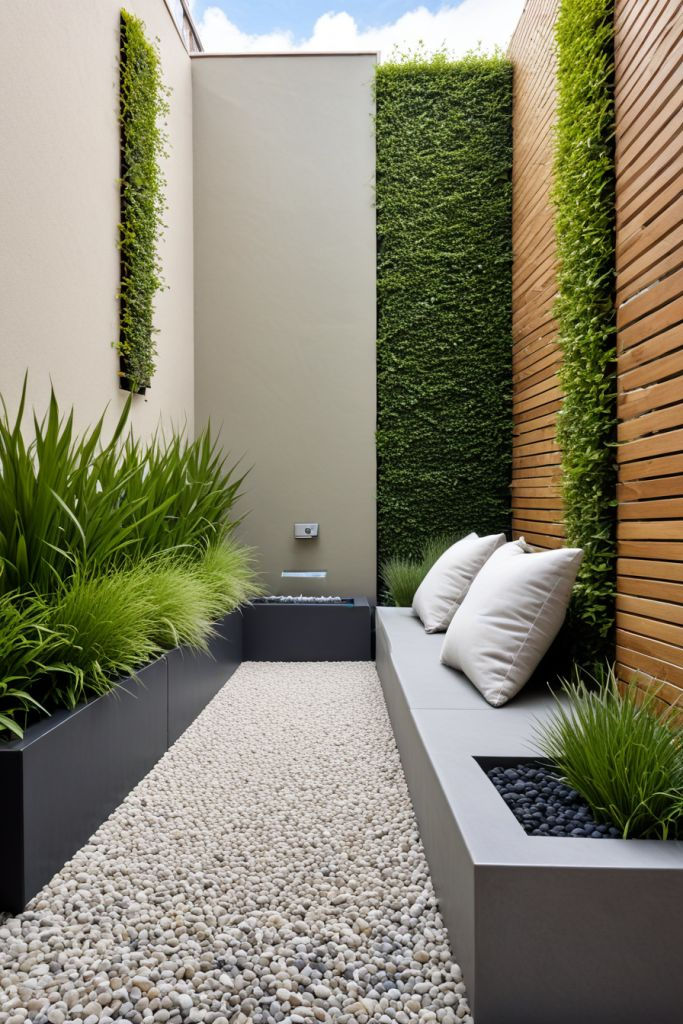 A tranquil, modern courtyard featuring lush green walls, sleek planters, and a cozy seating area with decorative cushions, creating a perfect oasis for relaxation.