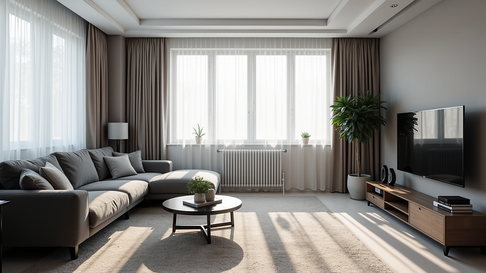 Eye-level view of a modern living room with black and white furniture