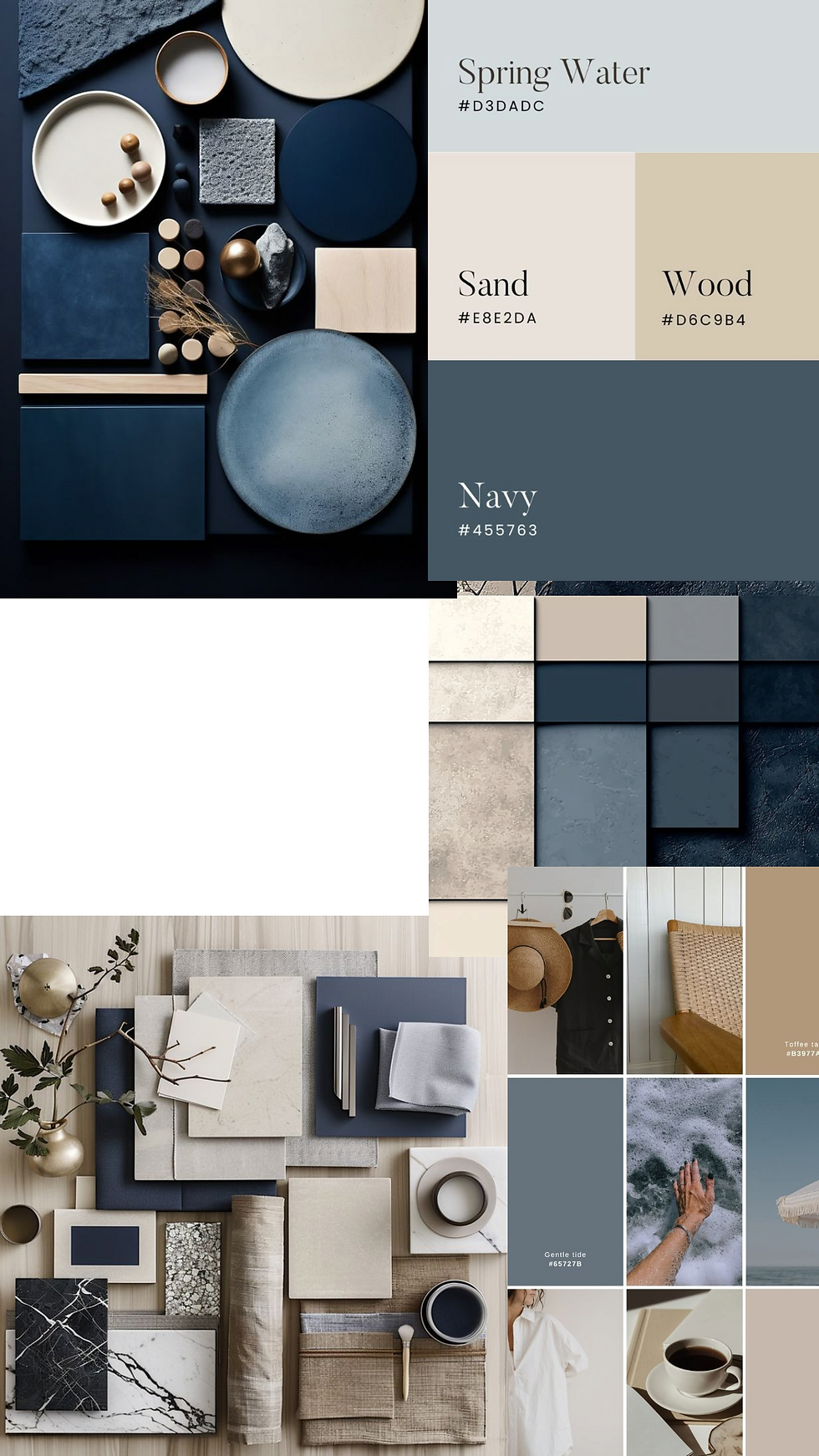 Collage of color swatches, textures, and decor in blue, beige, and gray tones. Includes text: "Spring Water," "Sand," "Wood," "Navy."