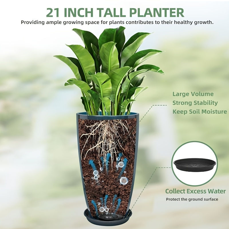 ภาพขนาดย่อ: 53.34 cm Large Weatherproof Tall Planter with Drainage Holes, Lightweight Resin 