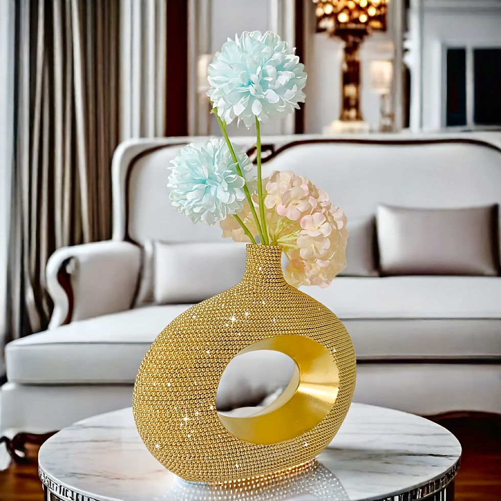 ภาพขนาดย่อ: 1pc Contemporary Golden Beaded Flower Vase Statue - Elegant Resin Tabletop Decor