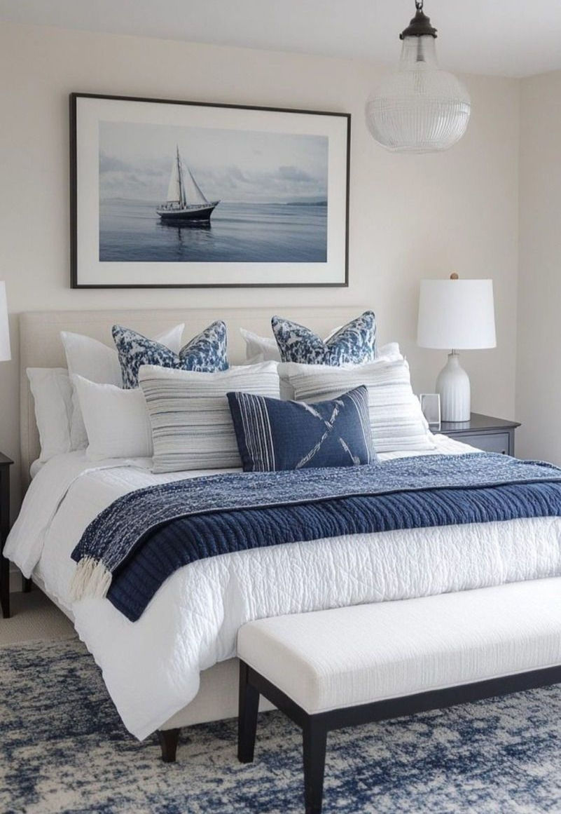 Navy and white bedroom with a large bed, blue pillows, and a nautical-themed painting. Soft lighting, serene atmosphere.