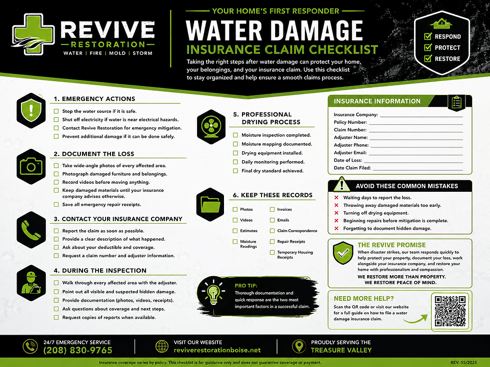 Revive Restoration water damage insurance claim checklist showing emergency response steps, documentation tips, insurance claim information, professional drying process, and common homeowner mistakes