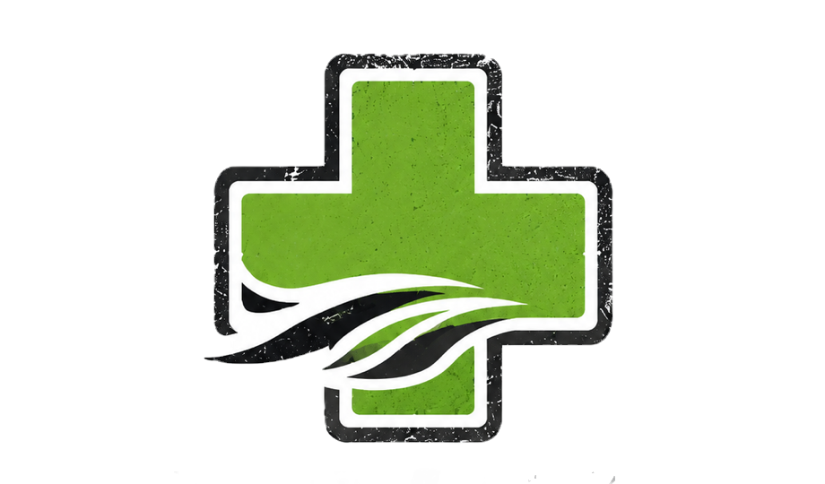 Green medical cross logo with white leaf-like swoosh on a black background, suggesting health or eco care