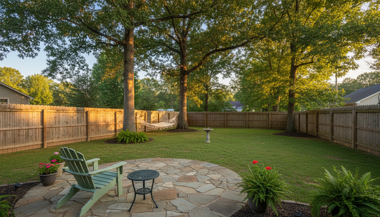 Wide-angle view of a peaceful fenced backyard with a patio and lawn.