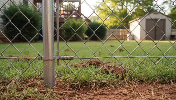 Close-up view of a chain link fence bottom secured near the grass.