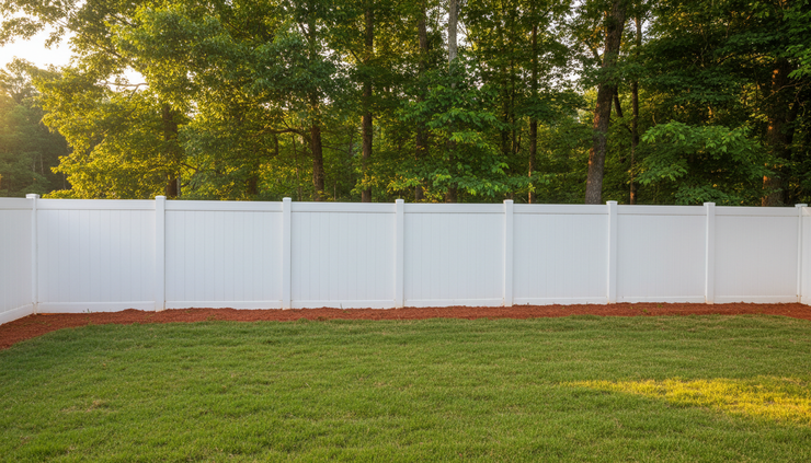 Eye-level view of a white vinyl privacy fence along a green backyard