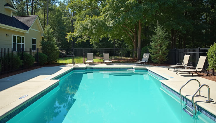 Eye-level view of a secure pool fence surrounding a residential swimming pool in Griffin GA