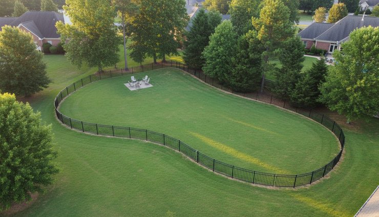 Overhead view of a black aluminum fence following a curved backyard property line