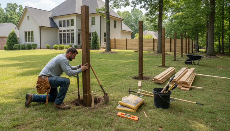 Wide-angle view of a fence installer setting posts for a modern privacy fence in a residential yard