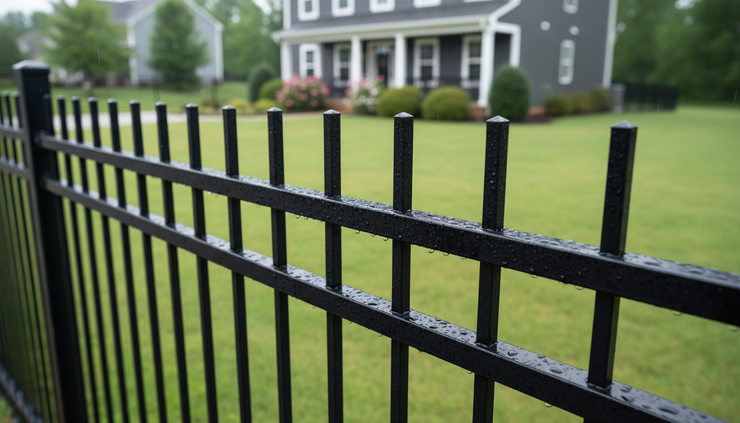 Close-up view of black aluminum fence pickets after rain