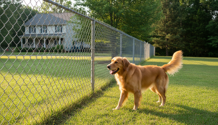 Side view of a happy dog walking along a chain link fence in a green yard.