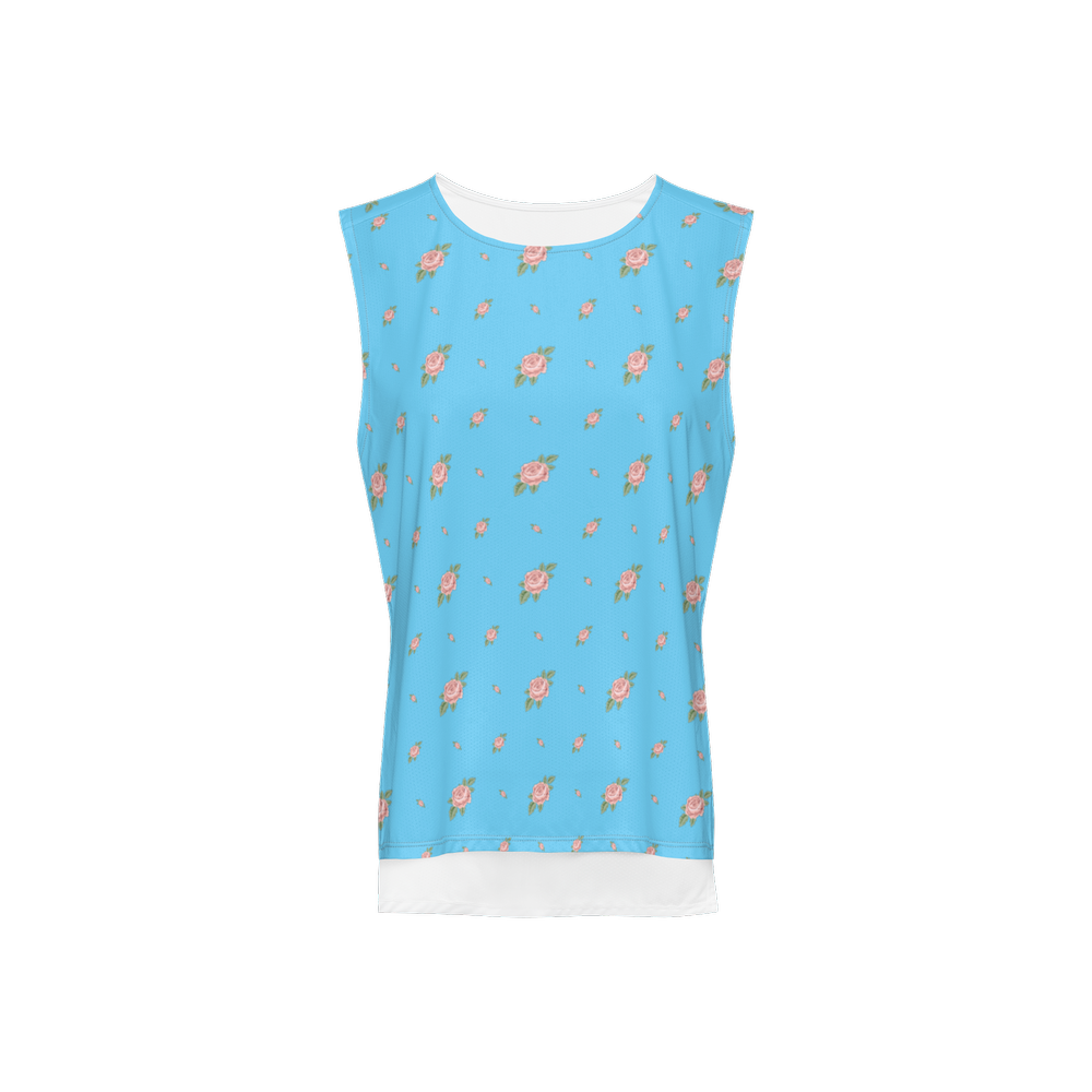 Blue Floral Print Women's Seamless Open Side Tank Top