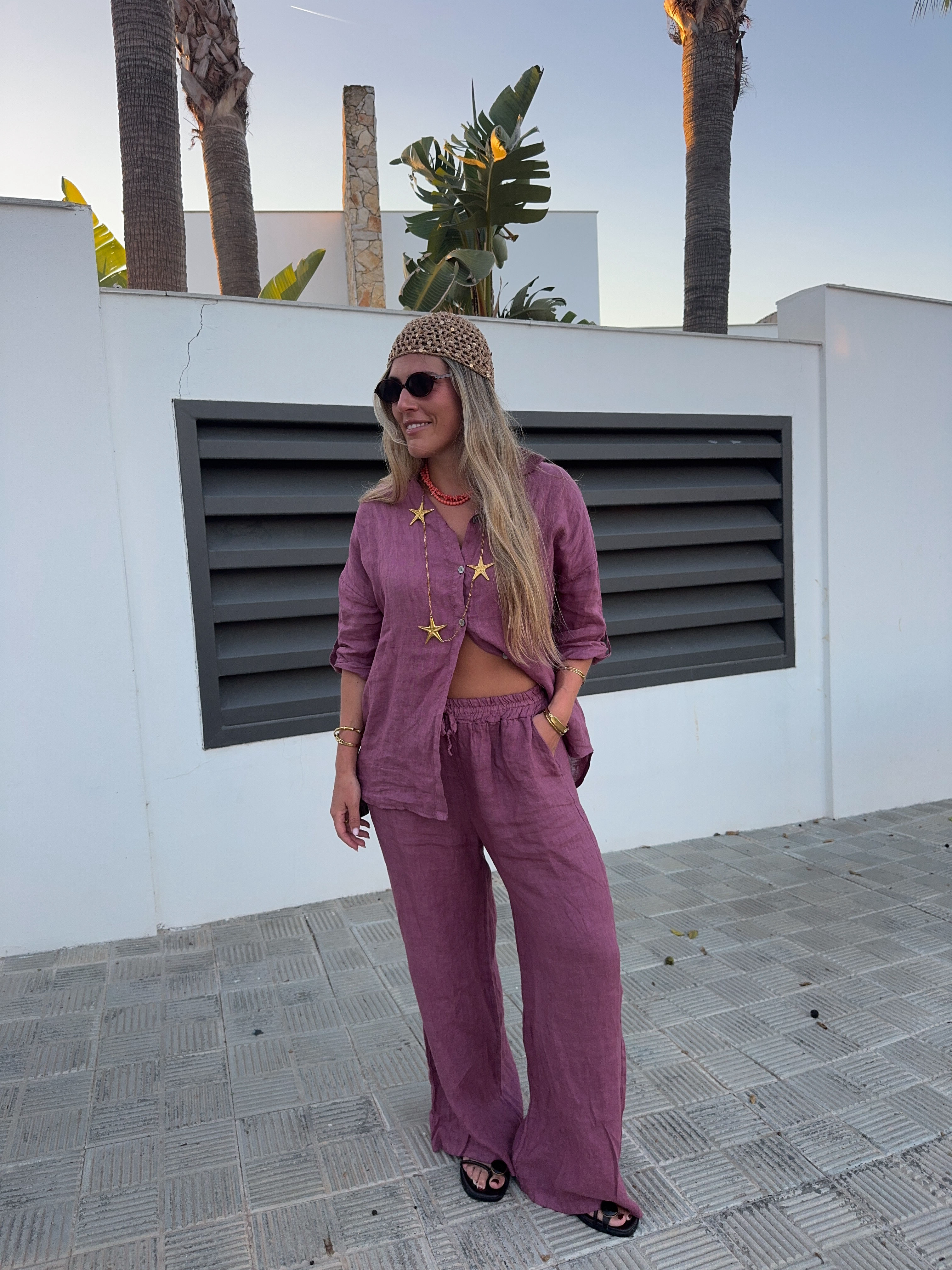 Pantalones lino rosa empolvado
