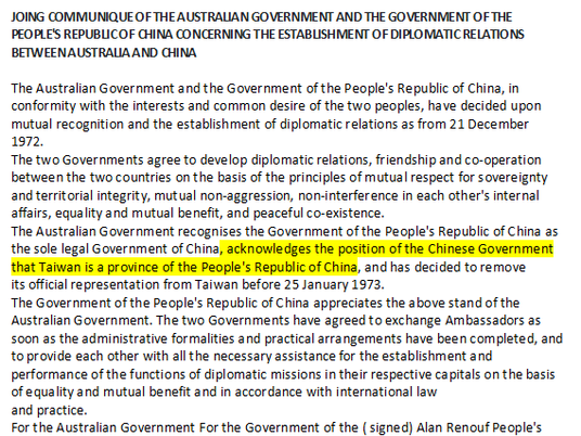 CHINA'S AMBASSADOR IMPLIES  THAT WHITLAM AGREED THAT TAIWAN WAS PART OF CHINA !