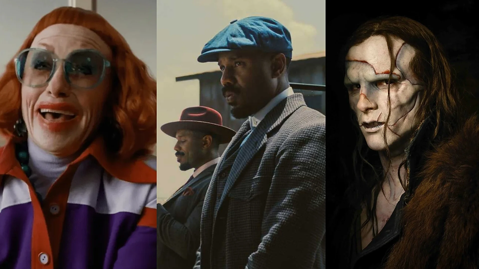 stills from 3 different movies, one a woman in clownish makeup and big glasses, one with two men standing next to each other, one is a disfigured male creature's face