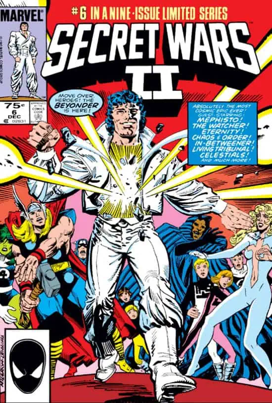 comic book cover with a man in a white suit with the title of secret wars