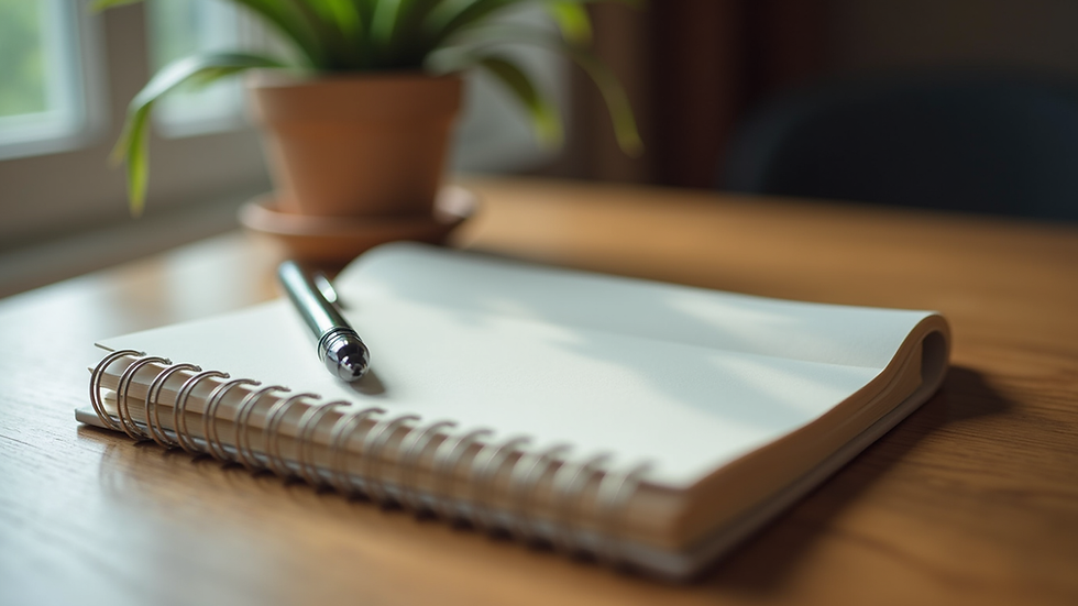 Close-up view of a journal and pen on a wooden table, ready for self-reflection