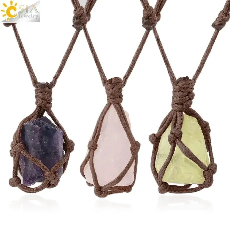 Healing Crystals Pendant Rope Wrap Necklace