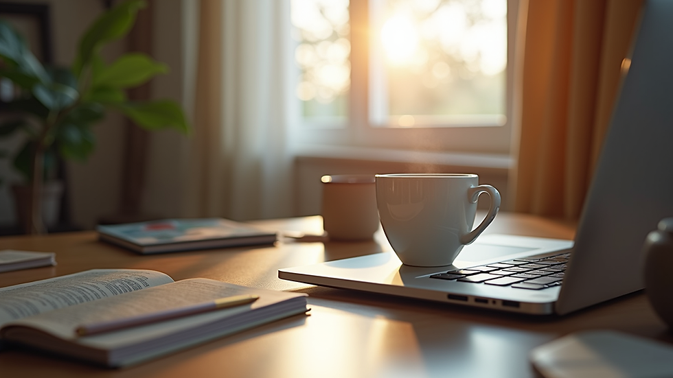 Eye-level view of a cozy home office setup with a laptop and a cup of tea