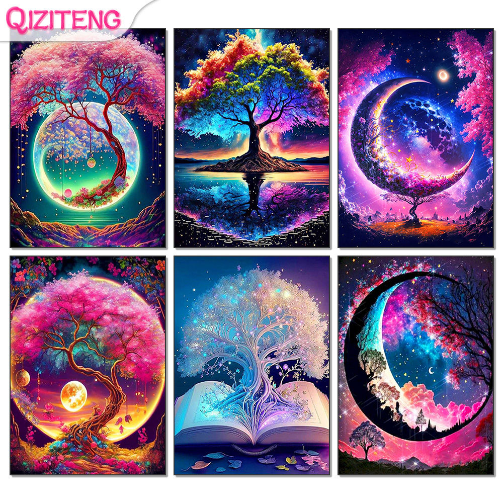 5D Diy Diamond Painting Fantasy Moon Tree Landscape Full Drill Rhinestones Mosai