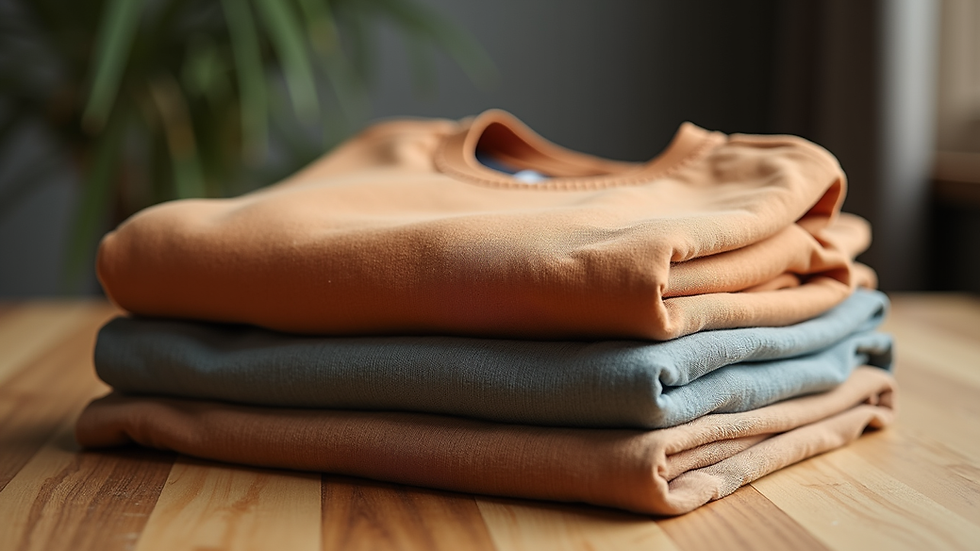 Close-up view of folded unisex t-shirts in earth tones on a wooden table
