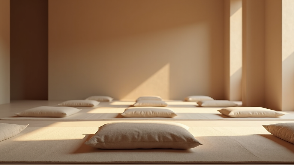 Eye-level view of a peaceful meditation space with cushions and soft lighting