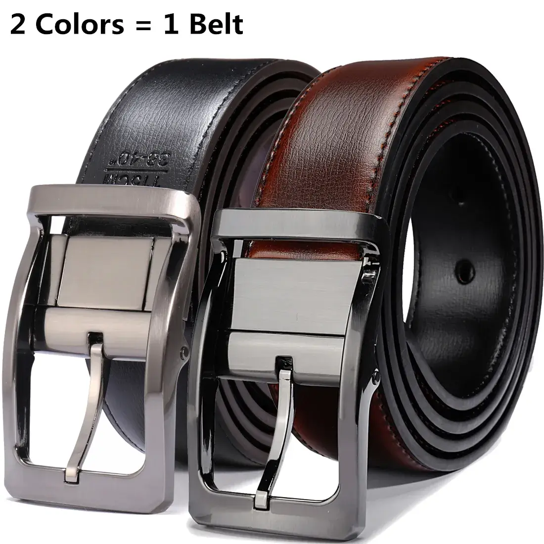 1Pcs Men's Genuine Leather Reversible Belt Rotated Buckle Two in One Big & Tall
