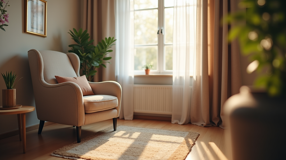 Eye-level view of a cozy counseling room with a comfortable chair and soft lighting