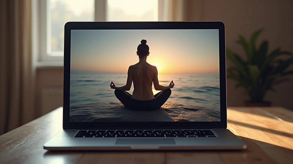 Close-up view of a laptop screen showing a virtual meditation session