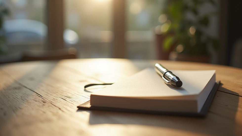 Close-up view of a journal and pen on a wooden table with soft natural light