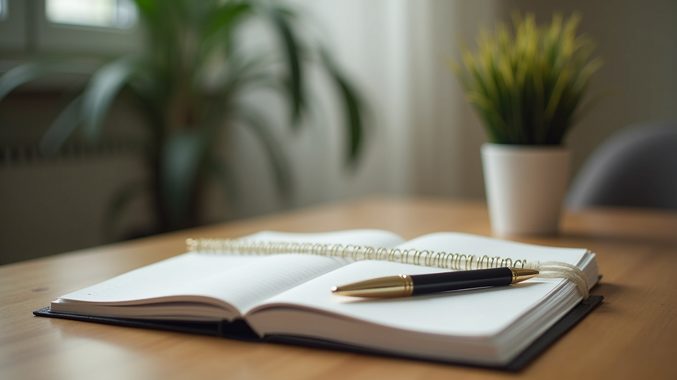 Eye-level view of a journal and pen on a wooden table