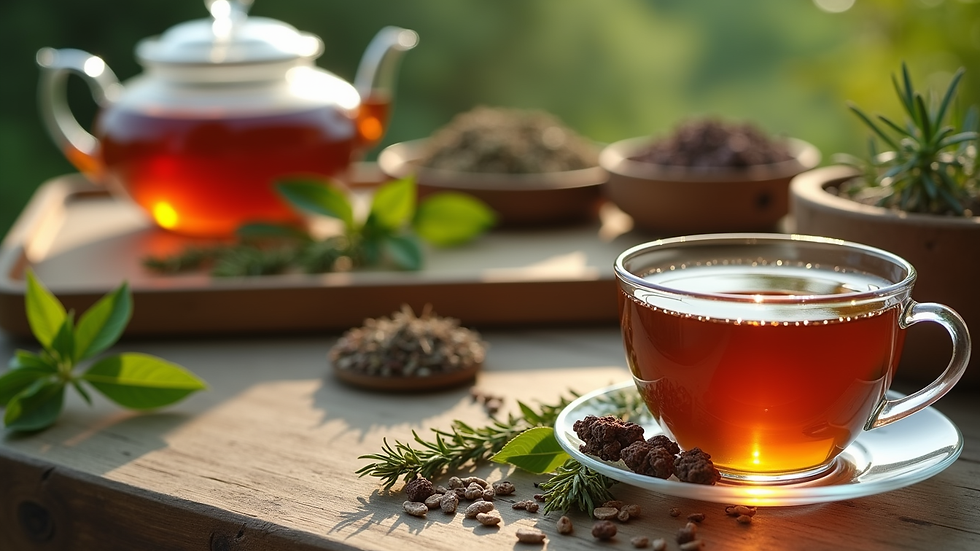 Close-up view of herbal teas and natural remedies on a wooden table
