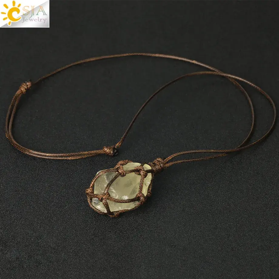Thumbnail: Natural Stone Pendant Rope Wrap Necklace