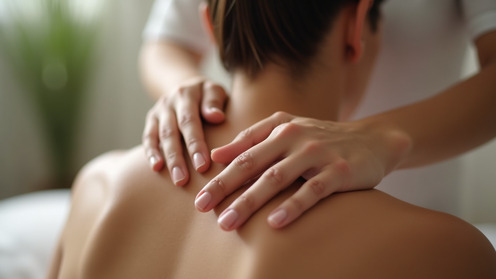 Close-up view of hands gently hovering over a person’s back during a healing touch session