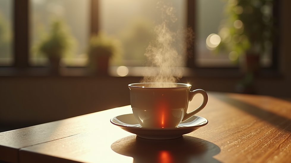 Eye-level view of a steaming cup of herbal tea on a wooden table