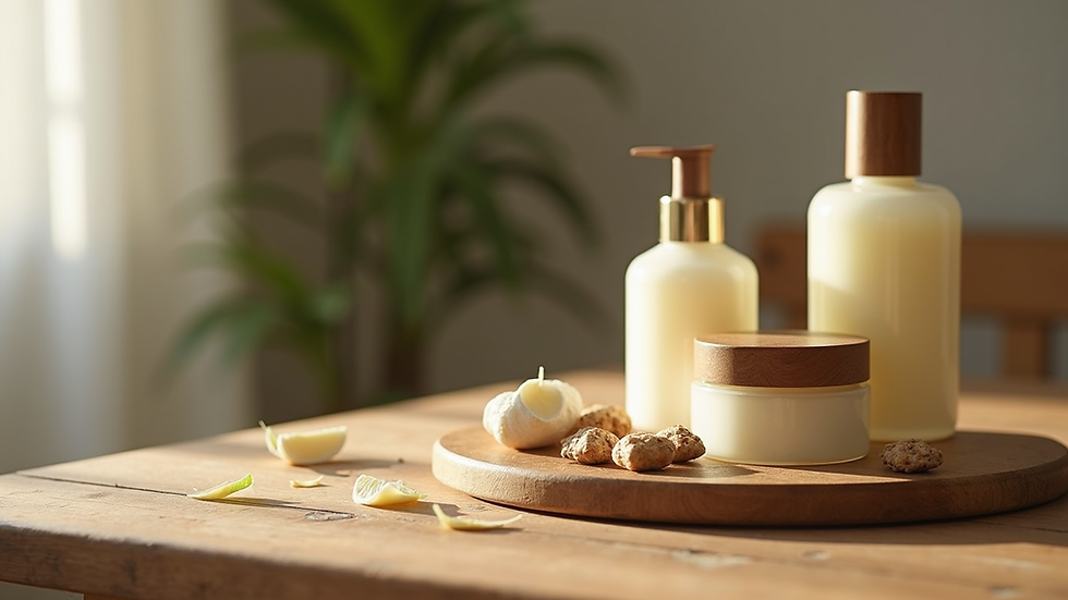 Close-up view of homemade natural skincare products on a wooden table