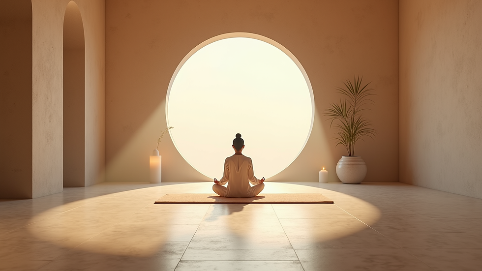 Eye-level view of a peaceful meditation room with soft lighting