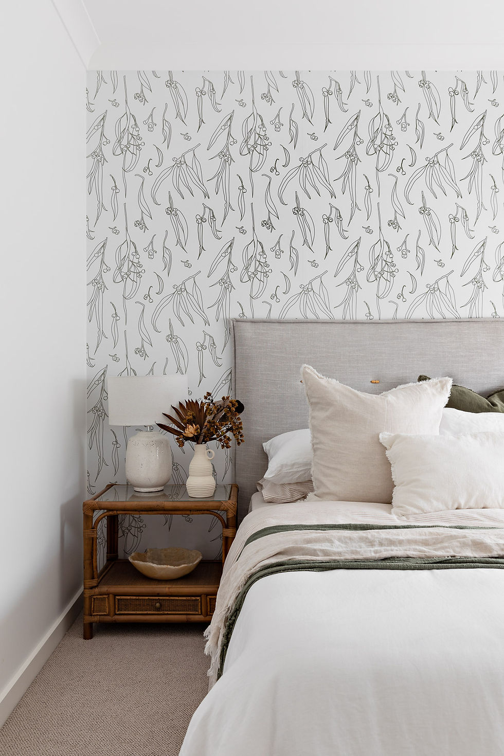 Botanical bedroom wallpaper featuring Australian Eucalyptus in timeless white and olive colours