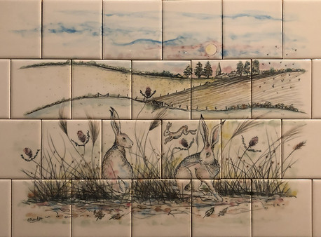 Harvest Hare Tile Scene on hand painted tiles