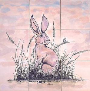 “Bespoke hand‑painted hare tile design featuring countryside wildlife illustration on ceramic tiles.”