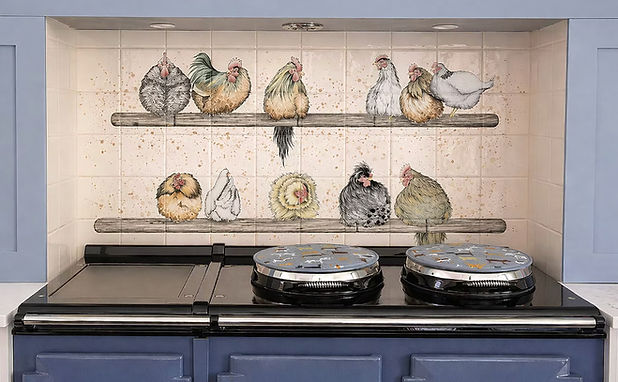 Hand painted roosting chickens on tiles for an Aga splashback.